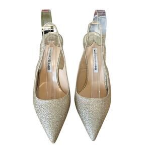 Manolo Blahnik Allura Gold Champagne Glitter Pointed Toe Slingback Pumps 40
